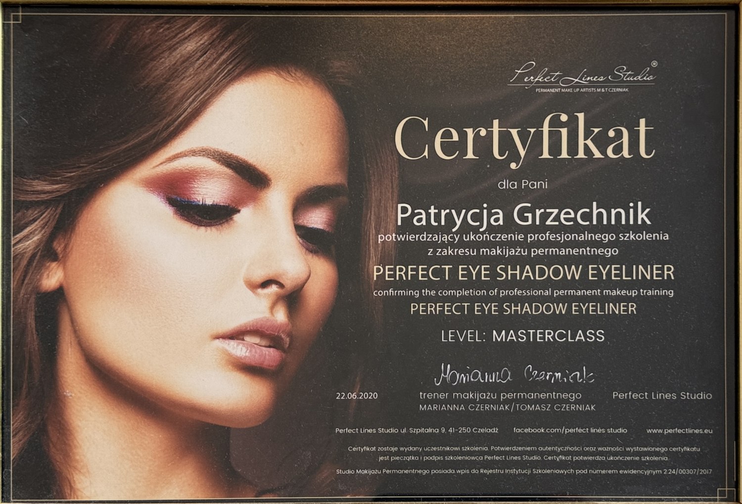 Certyfikat Perfect Lines Studio - Perfect Eye Shadow Eyeliner, poziom Masterclass, 2020