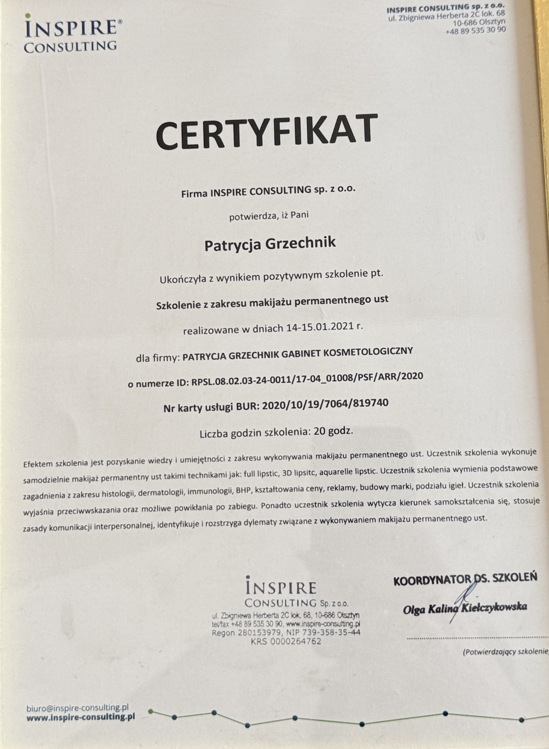 Certyfikat Inspire Consulting - szkolenie z zakresu makijażu permanentnego ust, 2021
