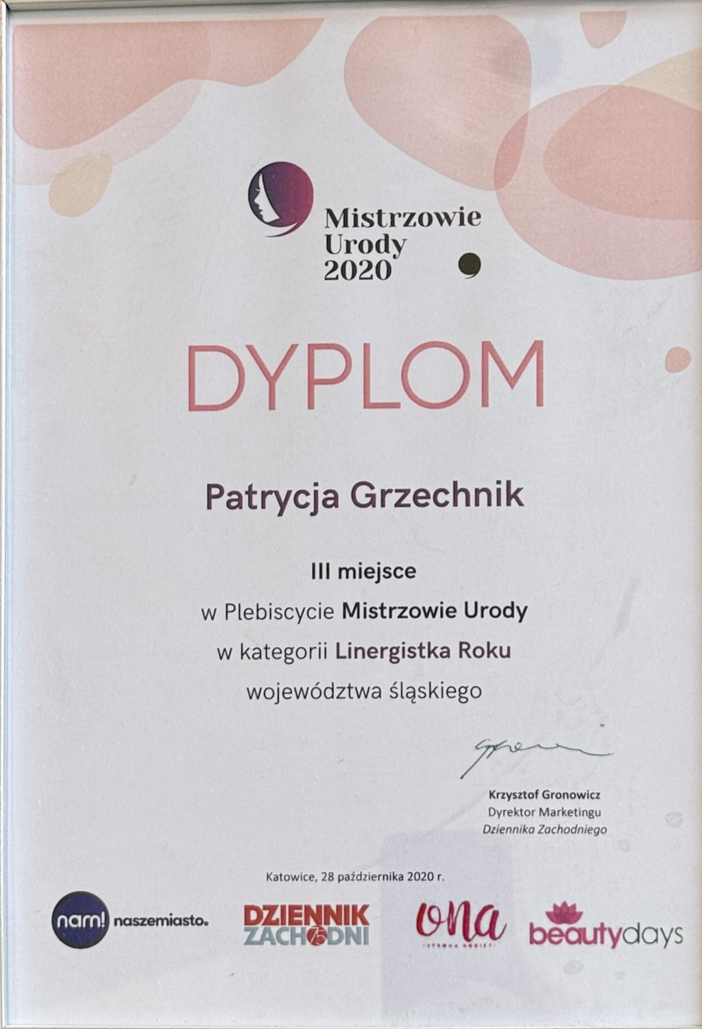 Dyplom - III miejsce w kategorii Linergistka Roku województwa śląskiego, Plebiscyt Mistrzowie Urody 2020